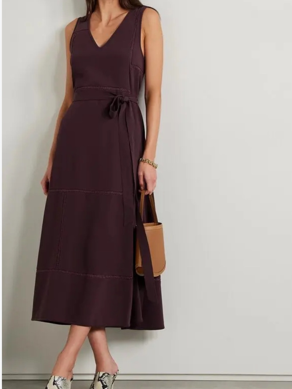 La Ligne Lace-Trim Crepe Belted Midi Skirt in Deep Plum